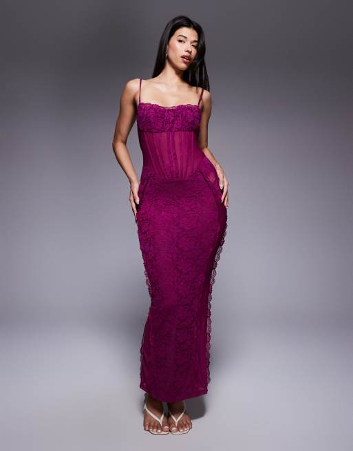 Esclusiva Murci - Vestito lungo in pizzo trasparente viola con spalline sottili e dettaglio stile corsetto, 4 di 4