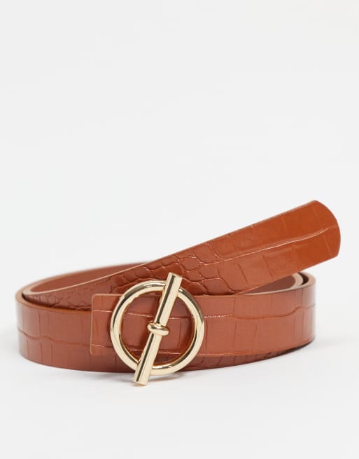 Esclusiva My Accessories London - Cintura da jeans per vita e fianchi color cuoio con chiusura con fibbia a T