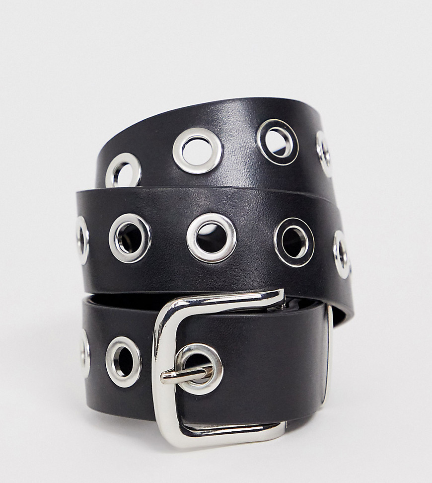 Esclusiva My Accessories London - Cintura da jeans per vita e fianchi nera con occhielli argento-Nero