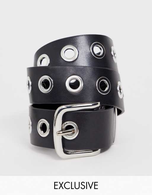 Esclusiva My Accessories London - Cintura da jeans per vita e fianchi nera con occhielli argento