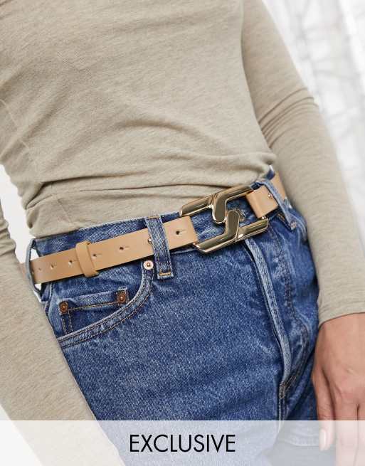 Esclusiva My Accessories London - Cintura per jeans per vita e fianchi color cammello con fibbia a catena intrecciata