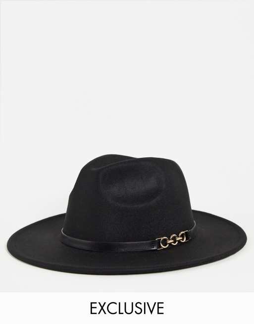Cappello Fedora Nero Con Catena Oro | Donna | Cotone E Poliestere