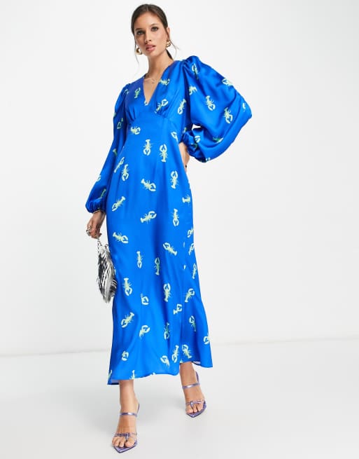 Esclusiva Never Fully Dressed - Vestito con gonna al polpaccio con maniche a palloncino blu cobalto con stampa aragoste