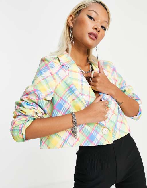 Esclusiva Noisy May - Blazer corto a quadri pastello in coordinato