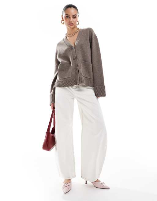 Esclusiva & Other Stories - Cardigan in misto lana marrone talpa con maniche risvoltate, 3 di 4