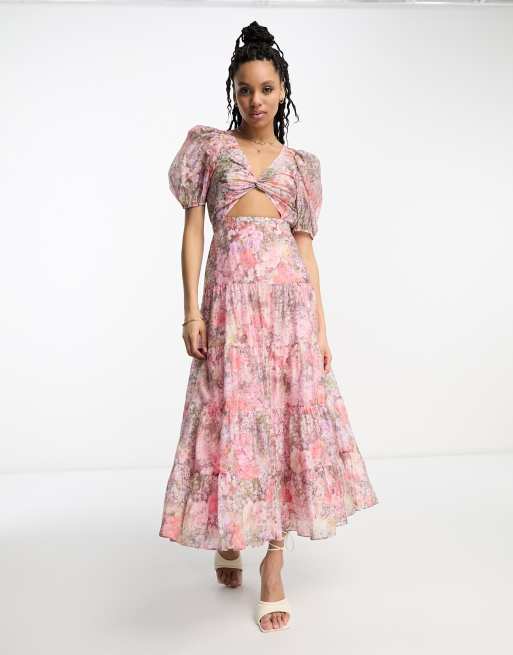 Esclusiva & Other Stories - Vestito al polpaccio a balze con cut-out rosa a fiori