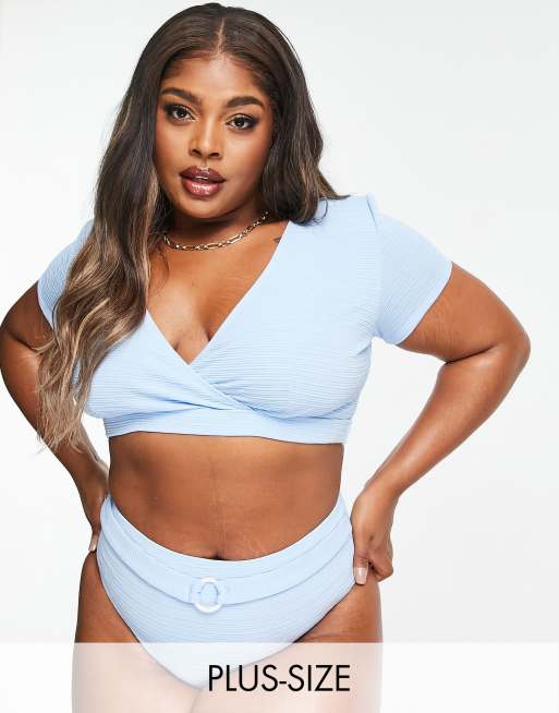 Esclusiva Peek & Beau Curve - Top bikini avvolgente a coste, colore blu