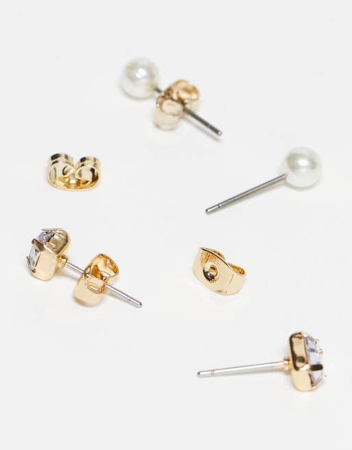 2 Paia Orecchini A Stella Con Strass - Modello A Bottone In Rame Bianco, Colori Argento E Oro