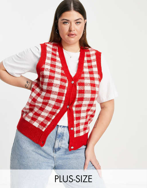 Esclusiva Pieces Curve - Canotta in maglia rossa a quadretti