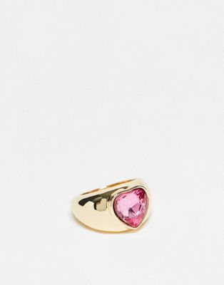 Pieces exclusive Valentines oversized diamante heart sovereign ring in pink - ASOS Price Checker