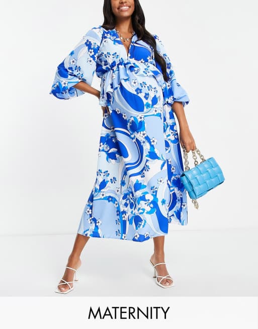 Esclusiva Queen Bee - Vestito lungo con scollatura profonda e volant a strati sul davanti multicolore blu con stampa astratta