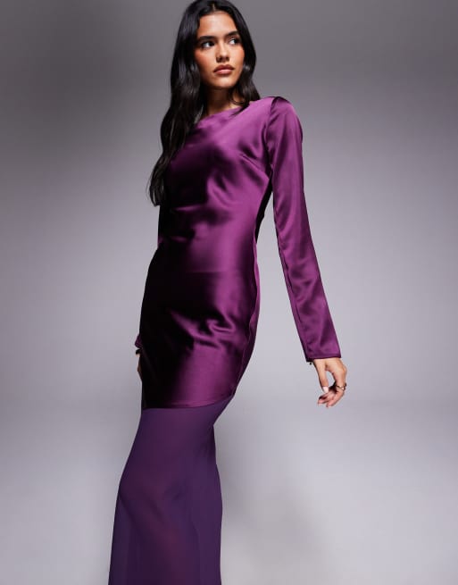 Esclusiva Rare London - Vestito lungo in raso viola a maniche lunghe con fondo trasparente, 2 di 4