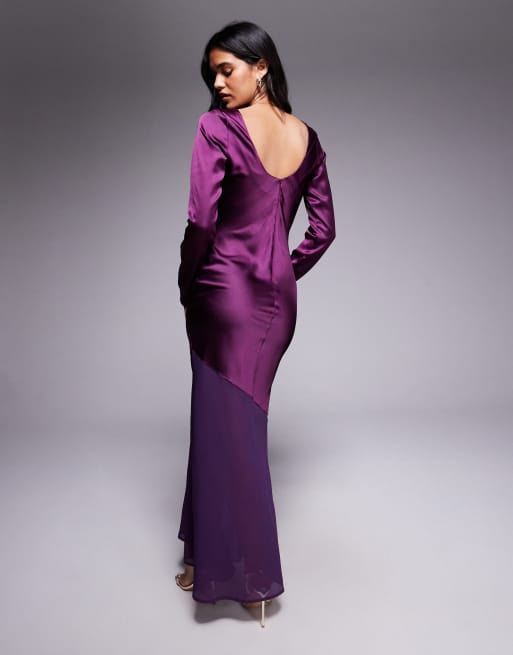 Esclusiva Rare London - Vestito lungo in raso viola a maniche lunghe con fondo trasparente, 4 di 4