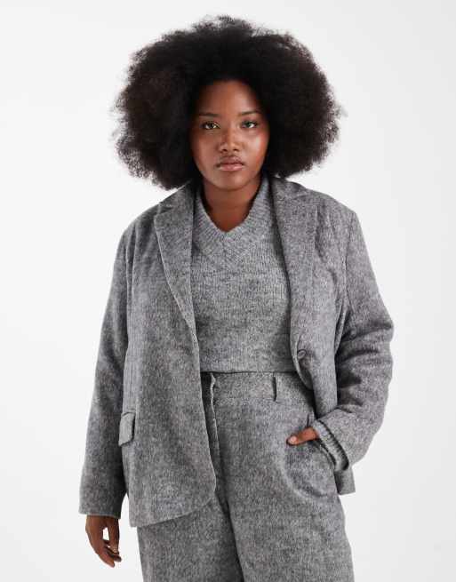 Esclusiva Renee Studio Plus - Blazer sartoriale oversize effetto lana spazzolato grigio in coordinato