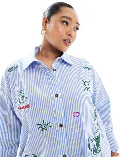 Esclusiva Renee Studio Plus - Camicia blu a righe con ricami - view 1