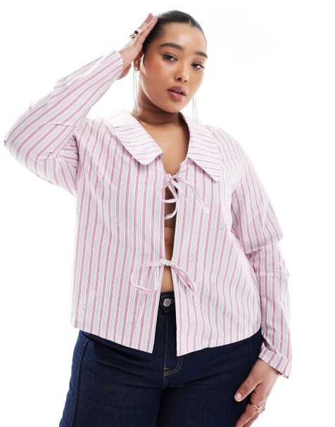 Esclusiva Renee Studio Plus - Camicia rosa a righe con colletto, allacciatura sul davanti e cuori fissati a caldo - view 1