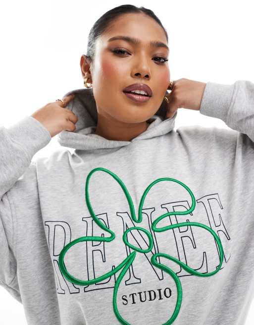 Esclusiva Renee Studio Plus - Felpa grigia oversize con cappuccio e logo con fiore ricamato in coordinato   , 2 di 4