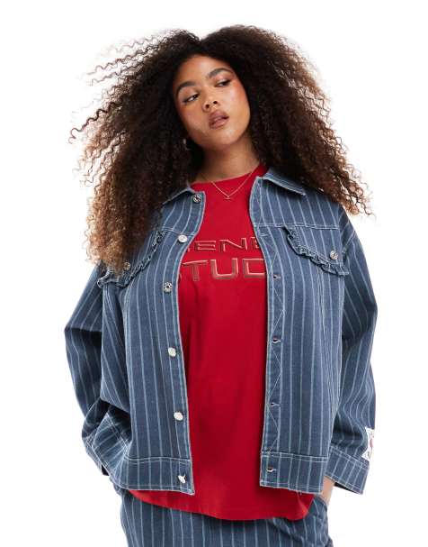 Esclusiva Renee Studio Plus - Giacca oversize blu a righe con tasca con volant in coordinato - view 1