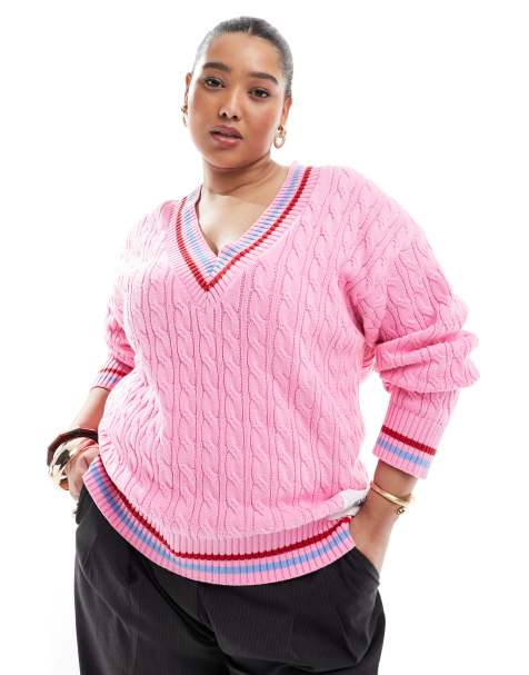 Esclusiva Renee Studio Plus - Maglione a trecce con scollo a V e logo ricamato rosa lampone - view 1