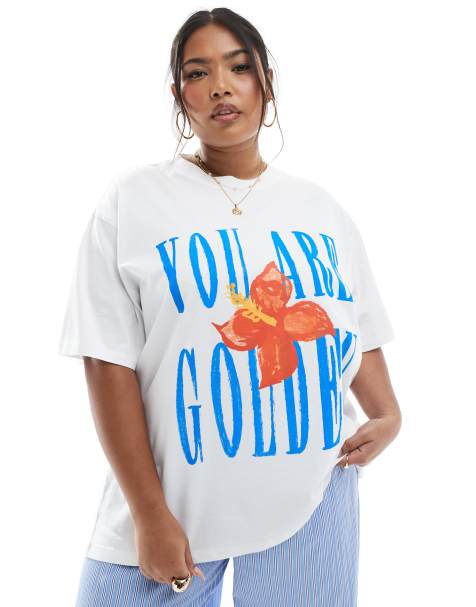 Esclusiva Renee Studio Plus - T-shirt bianca con grafica "You Are Golden" - view 1