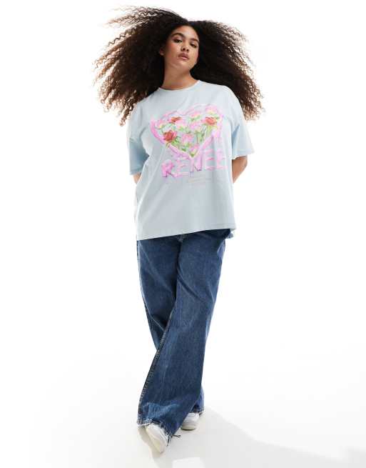 Esclusiva Renee Studio Plus - T-shirt girocollo azzurra con cuore stampato e fiori  , 3 di 4