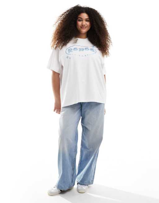 Esclusiva Renee Studio Plus - T-shirt girocollo bianca con logo stampato metallizzato in rilievo  , 3 di 4