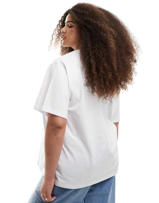 Esclusiva Renee Studio Plus - T-shirt girocollo bianca con logo stampato metallizzato in rilievo  , 4 di 4