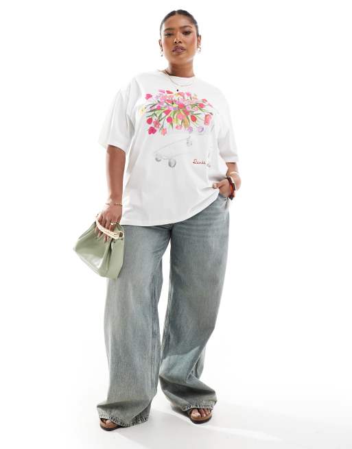 Esclusiva Renee Studio Plus - T-shirt girocollo color crema con grafica di bouquet e carrello  , 2 di 4