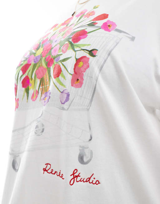 Esclusiva Renee Studio Plus - T-shirt girocollo color crema con grafica di bouquet e carrello  , 3 di 4