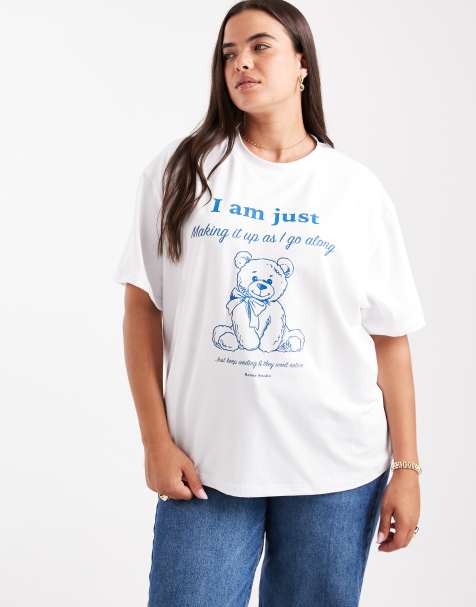 Esclusiva Renee Studio Plus - T-shirt oversize bianca con grafica di orsetto - view 1