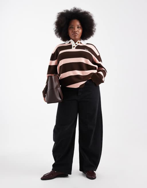 Esclusiva Renee Studio Plus - Top stile rugby in maglia rosa e bordeaux a righe con colletto, 2 di 4