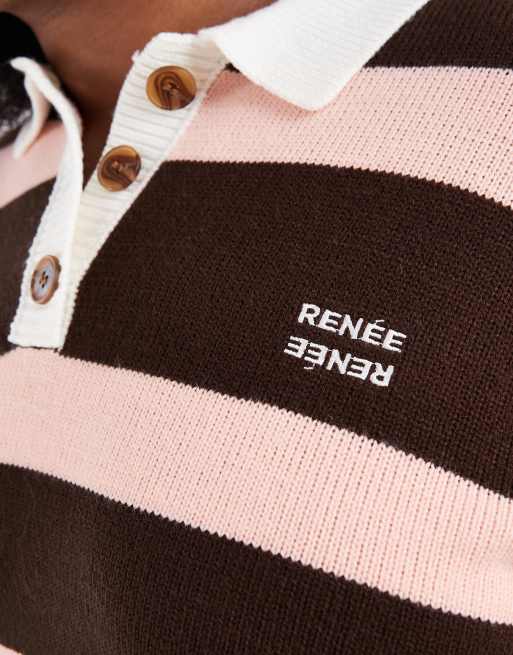 Esclusiva Renee Studio Plus - Top stile rugby in maglia rosa e bordeaux a righe con colletto, 4 di 4