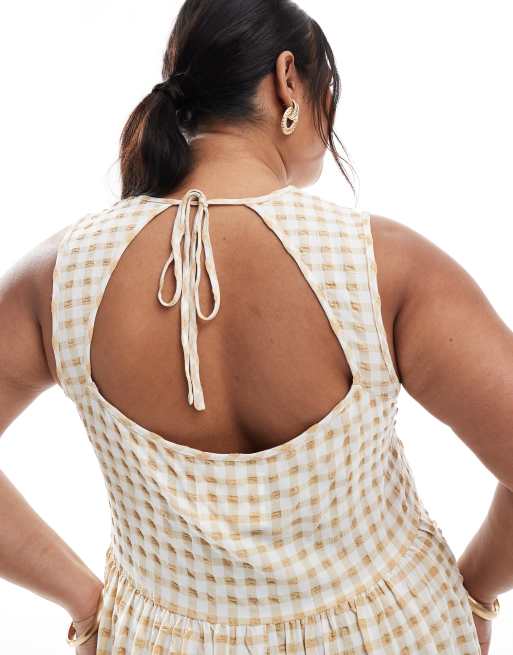 Esclusiva Renee Studio Plus - Vestito lungo stile grembiule senza maniche aperto sul retro beige a quadretti  , 4 di 4