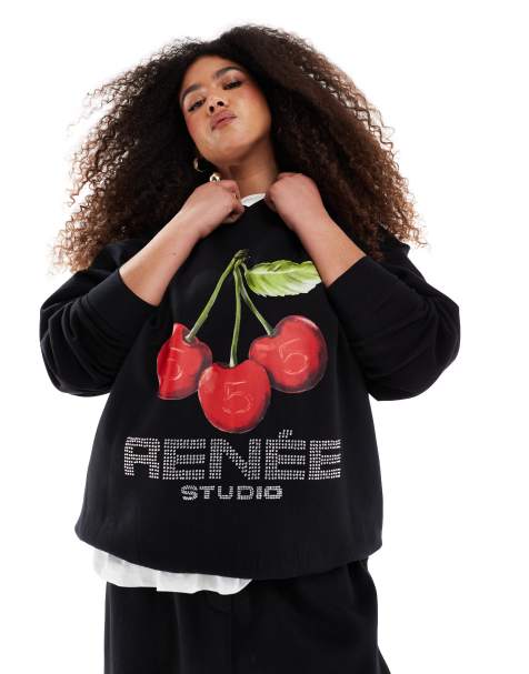 Esclusiva Renee Studio x Michelle Nayla - Coordinato nero composto da joggers a fondo ampio e felpa oversize con cappuccio, ciliegie e logo - view 1