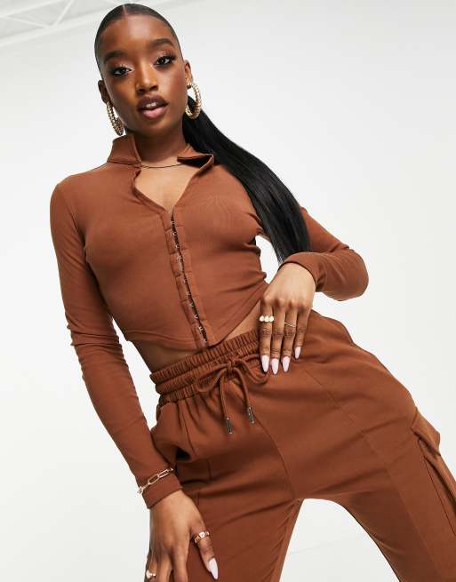 Esclusiva Simmi - Top stile corsetto color tabacco con occhielli e gancetti