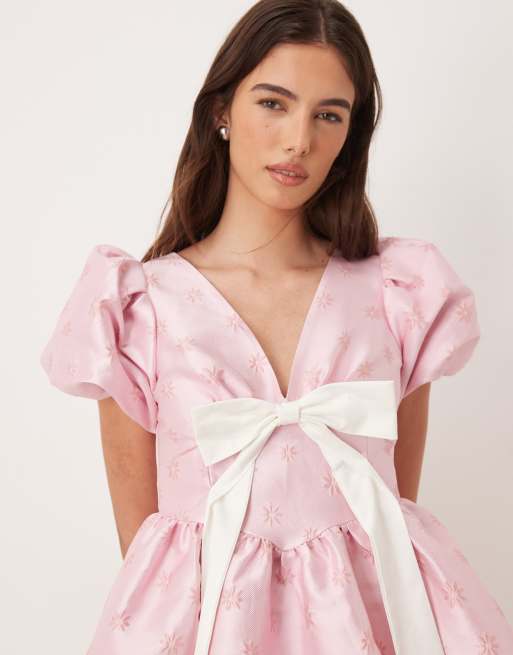 Esclusiva Sister Jane - Vestito corto rosa con scollo a V e maniche a sbuffo con fiocco, 3 di 4