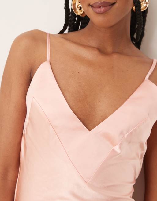 Esclusiva SNDYS - Vestito lungo rosa in raso allacciato sul retro con scollo a V, 4 di 4