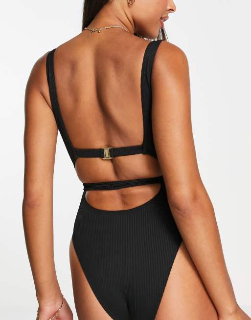 Esclusiva South Beach - Costume da bagno avvolgente a coste nero con cut-out , 2 di 4