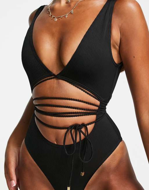 Esclusiva South Beach - Costume da bagno avvolgente a coste nero con cut-out , 3 di 4