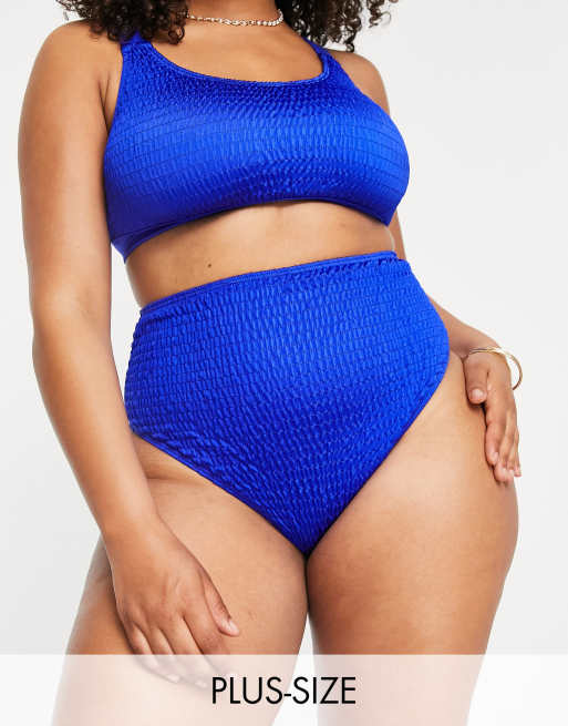 Esclusiva South Beach Curve - Slip bikini a vita alta in tessuto stropicciato blu  