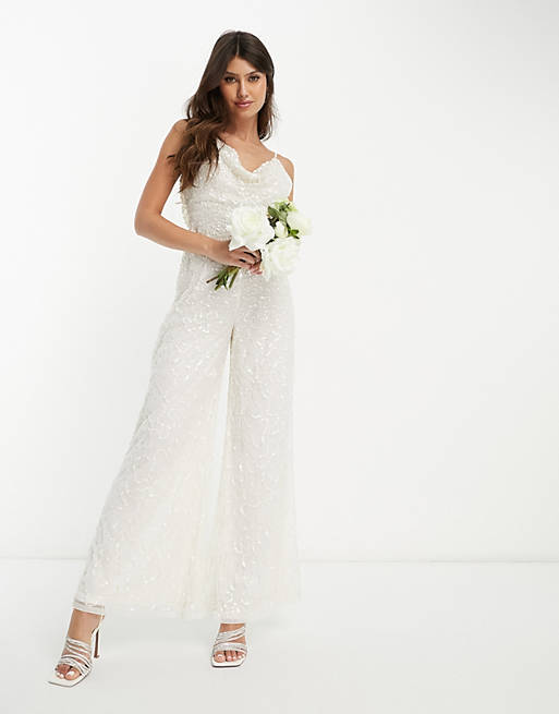 Esclusiva Starlet - Tuta jumpsuit da sposa con scollo ad anello e decorazioni