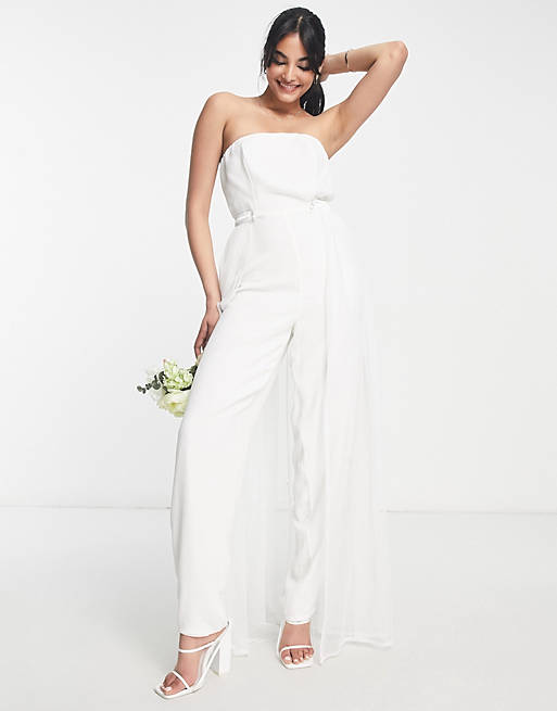 Esclusiva Starlet - Tuta jumpsuit da sposa, con strato di tulle sovrapposto, color avorio
