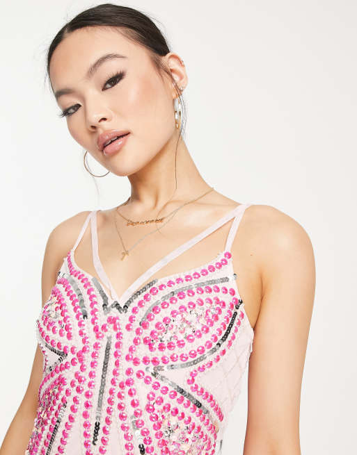 Esclusiva Starlet - Vestito rosa decorato con paillettes con strato sovrapposto trasparente, 3 di 4