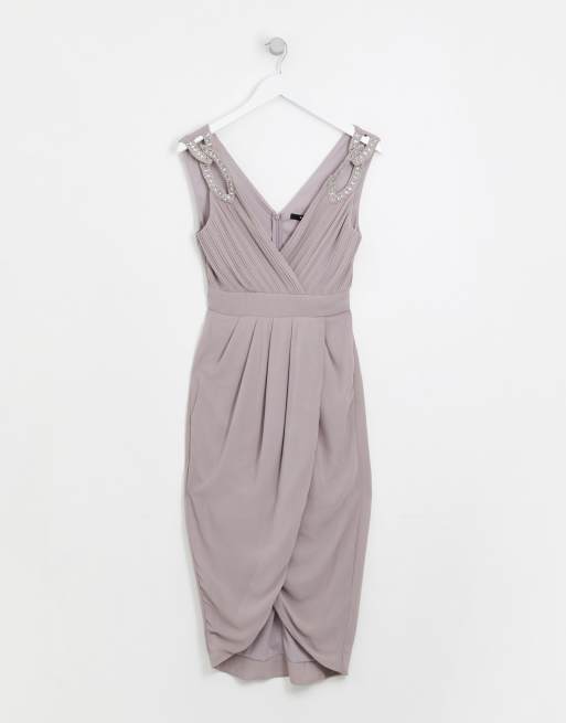 Esclusiva TFNC - Vestito midi a portafoglio da damigella con decorazioni sulla spalla grigio, 3 di 4