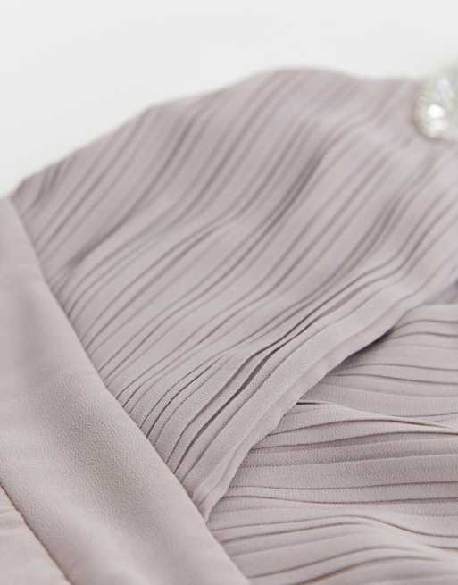 Esclusiva TFNC - Vestito midi a portafoglio da damigella con decorazioni sulla spalla grigio, 4 di 4