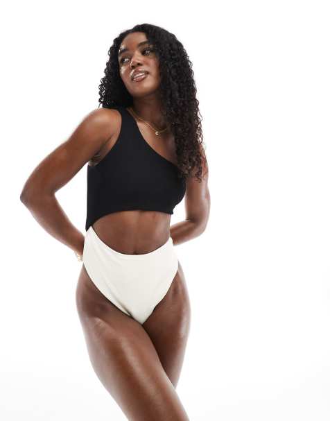 Esclusiva The Frolic - Costume monospalla color block nero e panna con cut-out - view 1