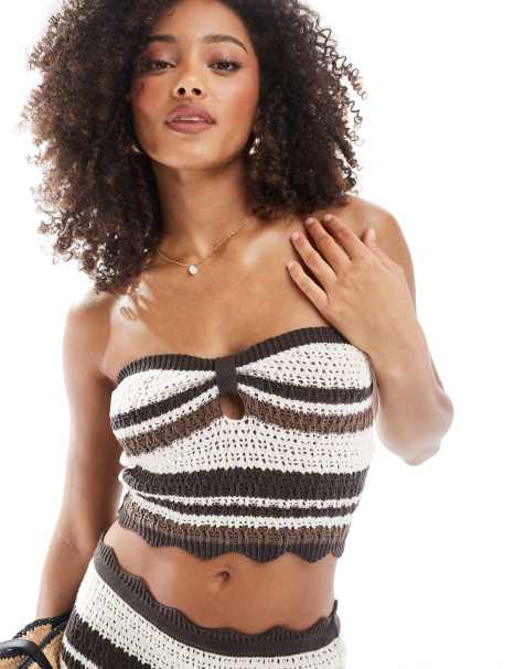 Esclusiva The Frolic - Crop top a fascia da spiaggia in maglia all'uncinetto a righe marroni in coordinato - view 1
