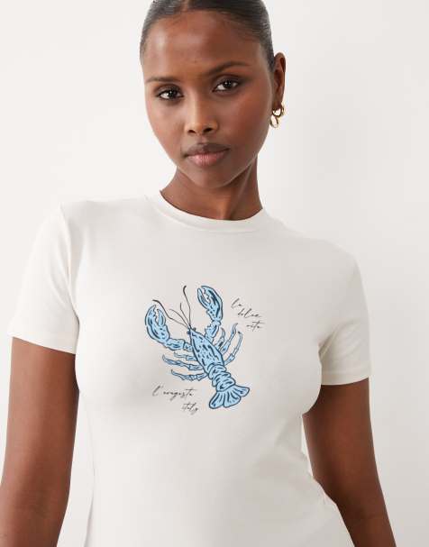 Esclusiva The Frolic - T-shirt mini bianca in misto cotone con stampa di aragosta sul davanti - view 1