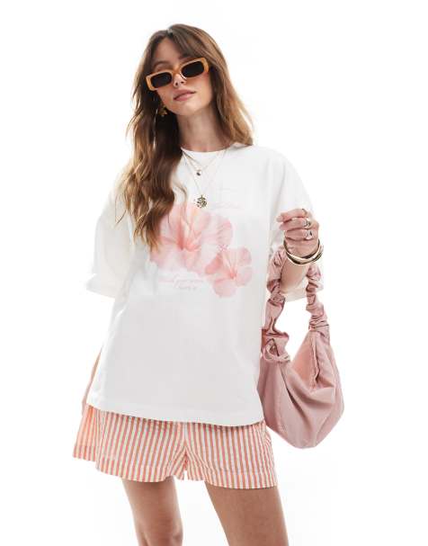 Esclusiva The Frolic - T-shirt oversize bianca con grafica di fiore di ibisco - view 1