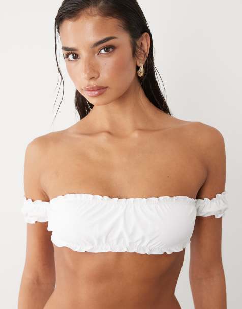 Esclusiva The Frolic - Top bikini bianco con spalle scoperte e volant arricciati in coordinato - view 1